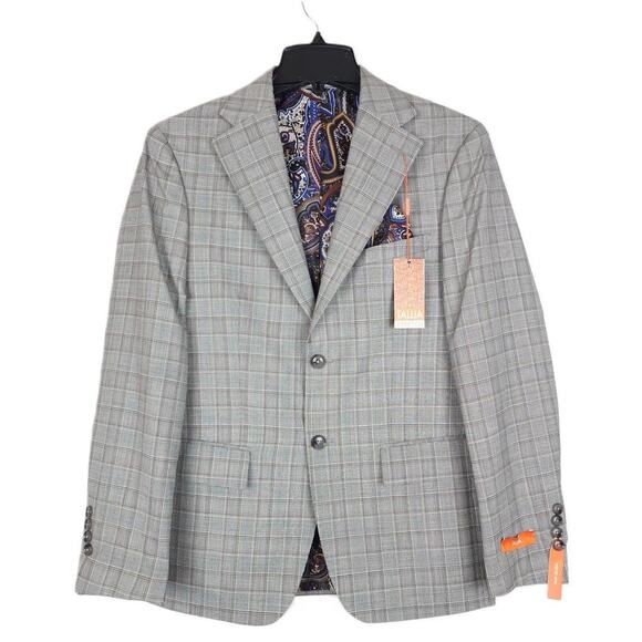 Tallia Men's Slim-Fit Stretch Wool Blend Suit Jacket Cream/Brown Plaid 40L NWT - Picture 1 of 4